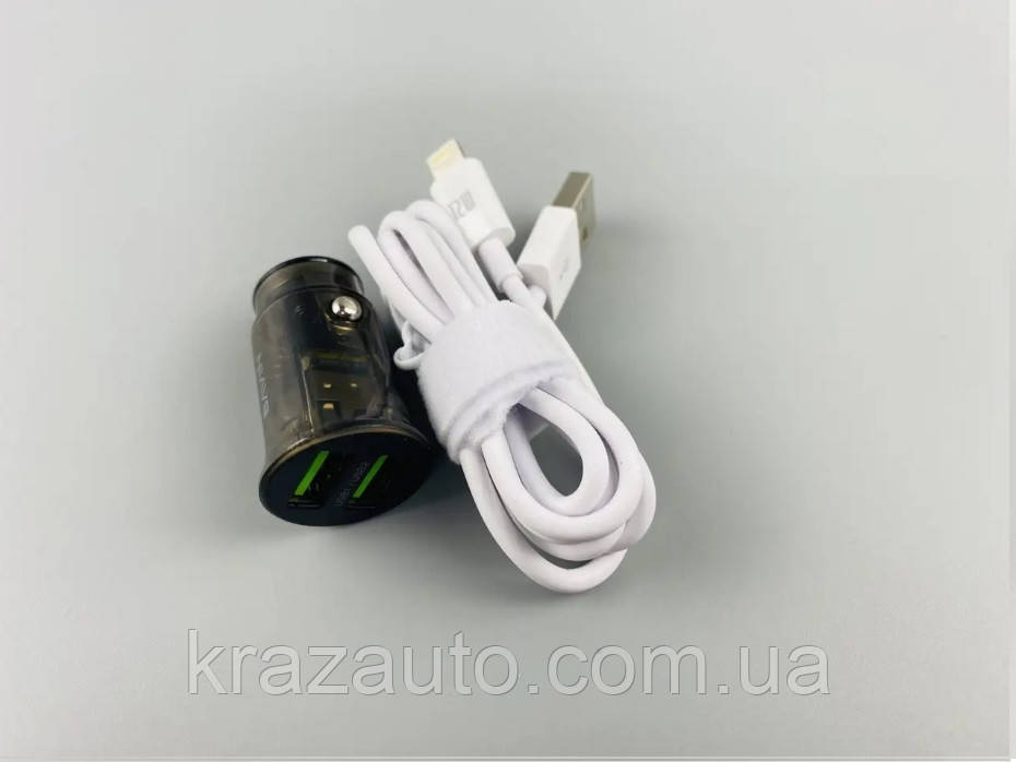 Автомобільний зарядний пристрій 2 USB (12/24V — 5V 2,4A), провід USB — IOS у комплекті. DTL-2672