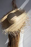 Капелюх солом'яний з широкими полями і бахромою для пляжу D.Hats колір бежевий