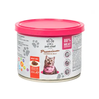 Вологий корм для дорослих котів Pet Chef (Пет Шеф) шматочки в желе м'ясний мікс 200 г, фото 1
