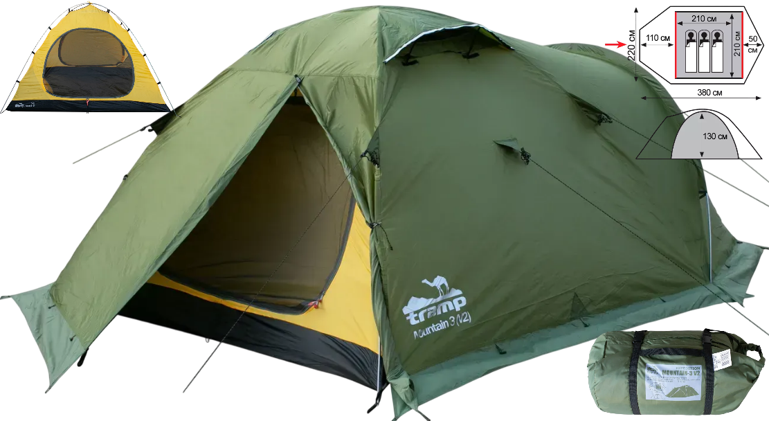 Тримісний намет Tramp Mountain 3 (v2) Green | Експедиційна алюмінієва палатка для тривалих походів з 2 входами та 2 тамбурами