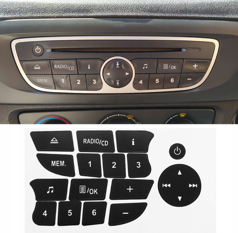 Наклейки на кнопки автомагнітоли Renault Megane, Scenic, Clio, Kangoo (281150030R)