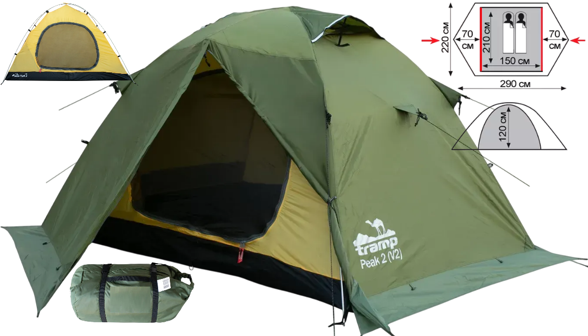 Двомісний намет Tramp Peak 2 (v2) Green | Експедиційна всесезонна алюмінієва палатка для тривалих походів з двома тамбурами