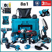 Аккумуляторный набор Makita 8в1 36 V (Шруповерт, Ушм,Гайковерт, Перфоратор,Лобзик, Пила, Секатор,фонар) 4 АКБ ij