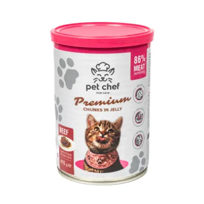 Вологий корм для дорослих котів Pet Chef (Пет Шеф) шматочки в желе з яловичиною 415 г, фото 1