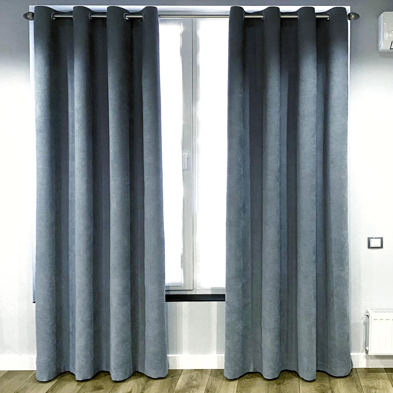 Комплект штори на сірих люверсах 2 шт 140х250 см мікровелюр Сіро-синій, фото 1