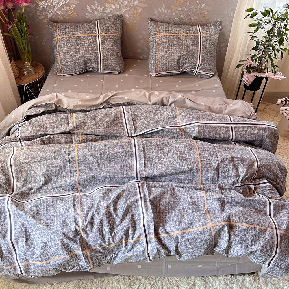 Постільна білизна бязь голд люкс 100% хлопок Золота клітинка на сірому, фото 1