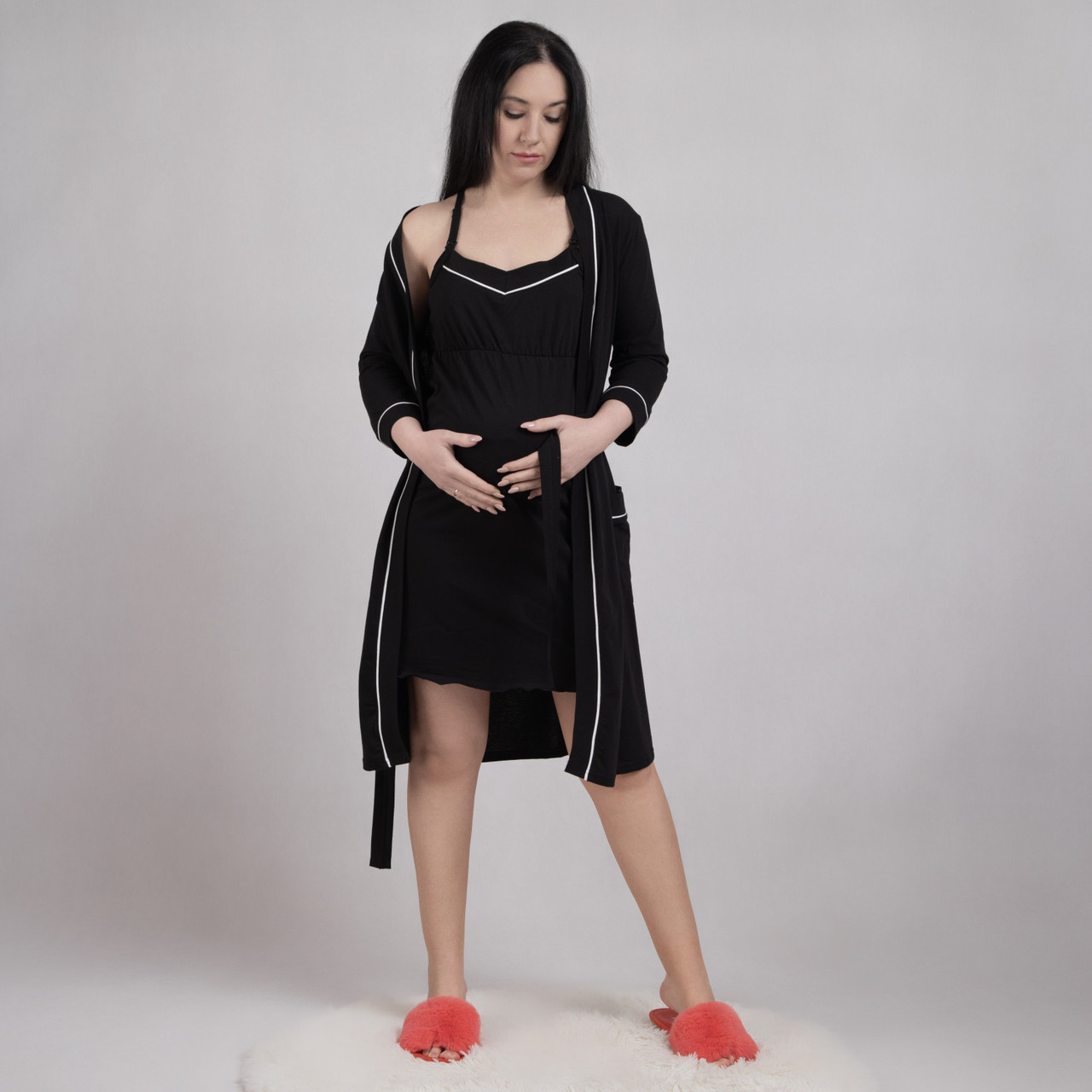 Теплий комплект для вагітних і годування нічна сорочка і халат для майбутніх мам 44/46 (S/M) Єва Tiana чорний, фото 1