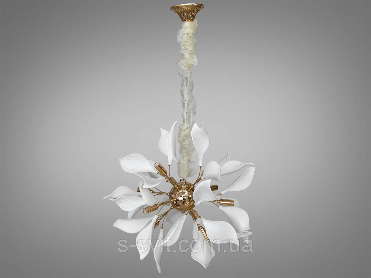 Декоративна підвісна люстра з фарфоровими елементами, 12 ламп, золотиста, фото 1