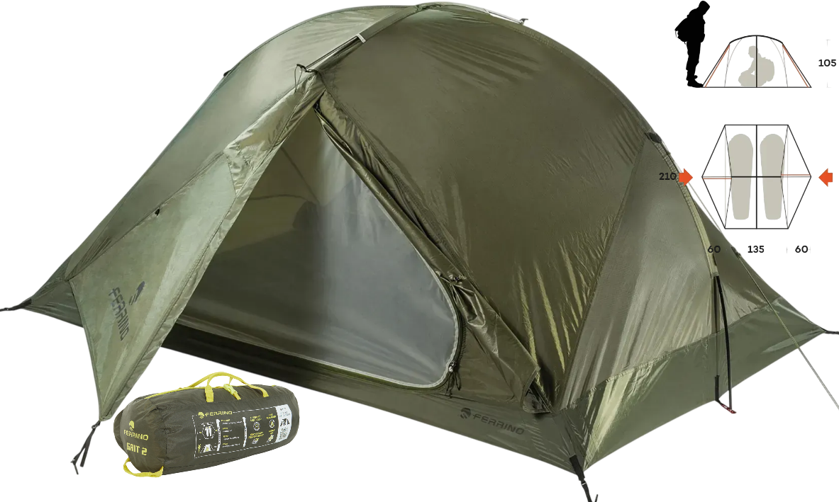 Двомісний намет Ferrino Grit 2 Olive | Ультралегка трекінгова водонепроникна одношарова палатка з 2 входами і 2 тамбурами