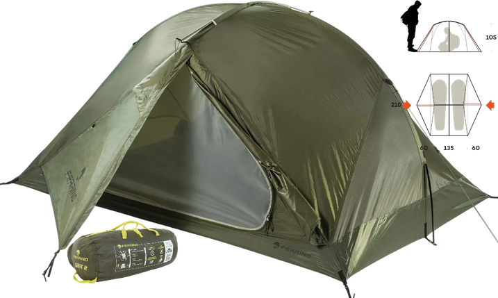 Двомісний намет Ferrino Grit 2 Olive | Ультралегка трекінгова водонепроникна одношарова палатка з 2 входами і 2 тамбурами, фото 1