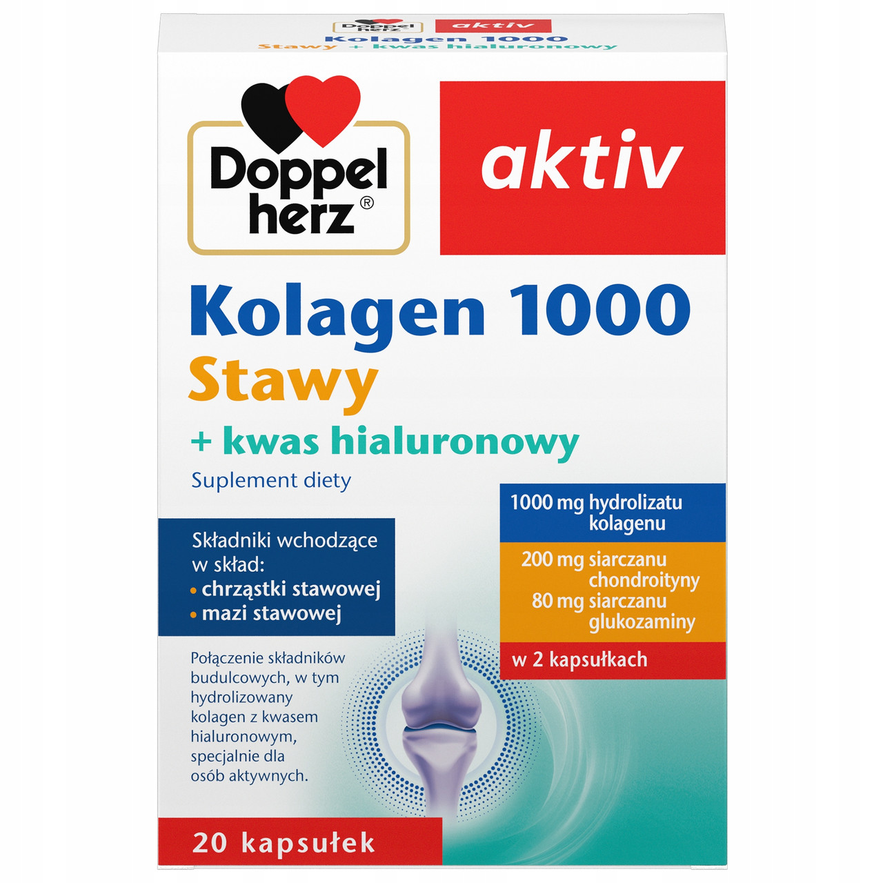 Doppelherz aktiv Kolagen 1000 Stawy колаген + гіалуронова кислота, для суглобів, 20 капсул. До 06/2027