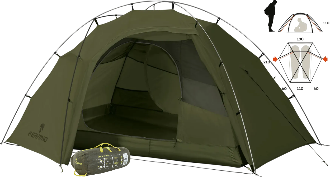 Двомісний намет Ferrino Force 2 Olive | Легка трекінгова водонепроникна двошарова палатка з 2 входами та 2 тамбурами