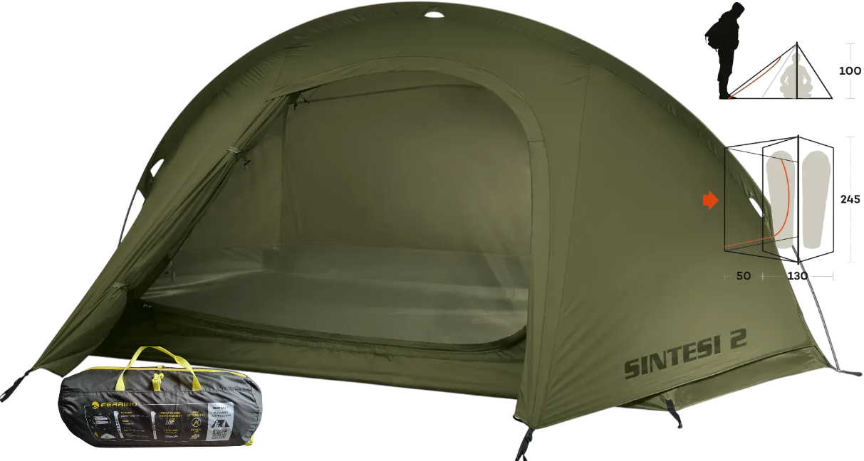 Двомісний намет Ferrino Sintesi 2 Olive | Легка трекінгова водонепроникна одношарова палатка з одним входом і тамбуром