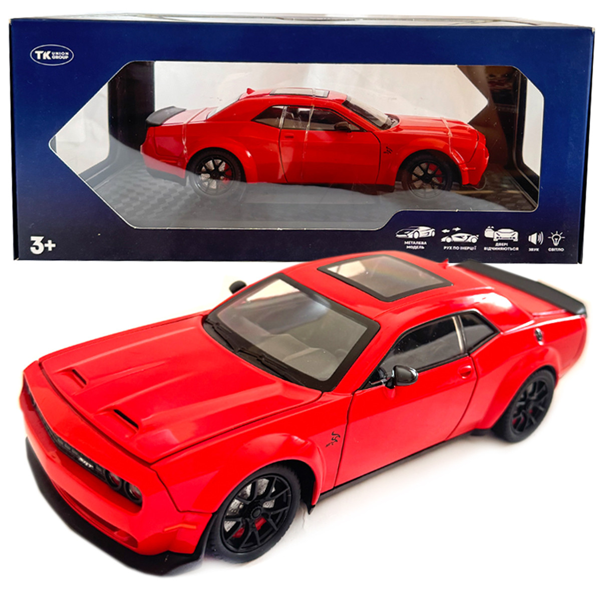 Машинка металева Dodge Challenger SRT Додж червона 1:24 звук світло відкр двері баг капот 20*7*5,5см (GT-12099), фото 1