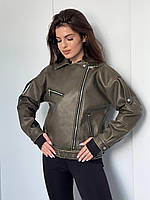 Жіноча крута стильна укорочена куртка косуха кольору хакі 42-46 48-52