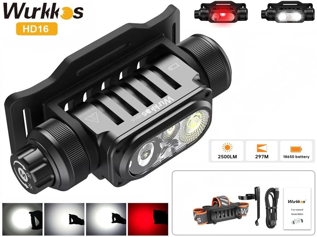 Налобний ліхтар WURKKOS HD16 + 3 джерела світла (2500LM, USB-C, Магніт, 18650, RED Light) Без батареї