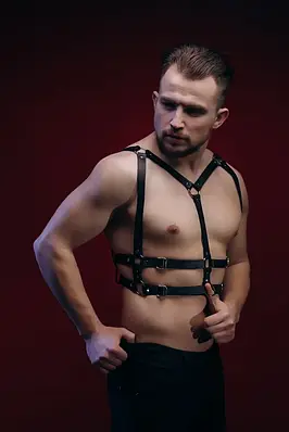Портупея чоловіча шкіряна з металевою фурнітурою Р1, чорна, One Size