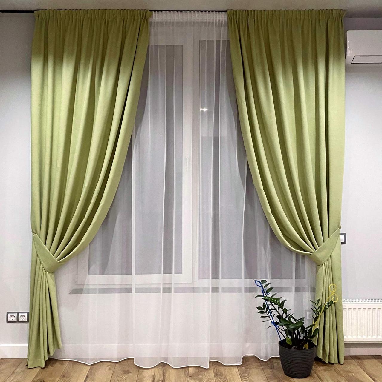Комплект штори на тасьмі 2 шт з підхватами 280х250 см мікровелюр Світло-зелений, вуаль 450 см Білий, фото 1