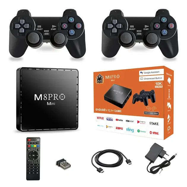 Ігрова андроїд ТВ приставка з Android TV + 2 джойстики M8PRO Mini ретро консоль PS1, Dendy, Sega