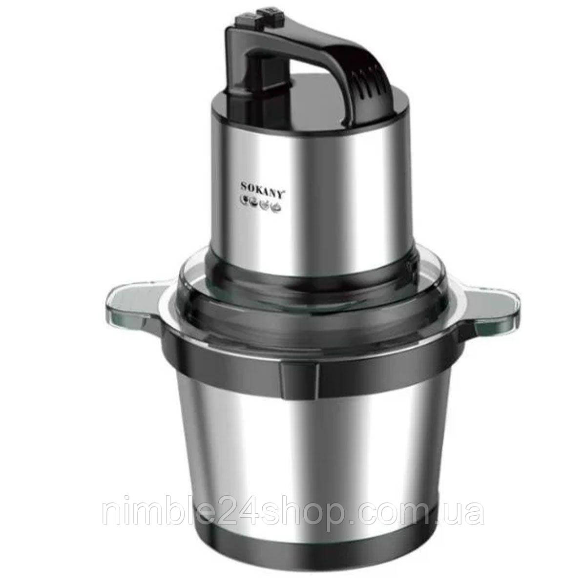 Чоппер подрібнювач з чашею 4 літри м'ясорізка 4 леза нержавіюча сталь м'ясорубка Sokany