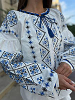 Жіноча Сорочка Класична Базова Біла З Синьою Вишивкою Вишиванка Блуза 80% Бавовна , 20% Поліестер Selli