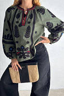 Жіноча Сорочка Базова Хакі З Чорною Вишивкою Вишиванка Блуза 80% Бавовна , 20% Поліестер Selli