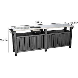 Довгий стіл для барбекю пластиковий Unity Chef 237х51.3 см графіт з мийкою та стільницею з нержавіючої сталі.