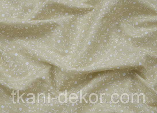 Сатин (хлопковая ткань) дрібні білі квіти на жовтому (ширина 160см, 120г/м2), фото 1