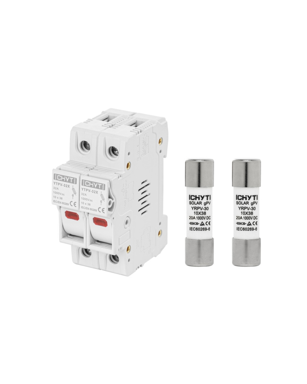 Тримач 2P з двома запобіжниками по 20A (FUSE 10x38) 1000V DC YRPV-30-32A CHYT