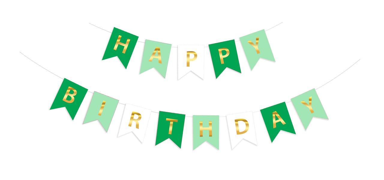 Гірлянда побуквенна "Happy Birthday" Золото на зелено-м'ятно-білих прапорцях