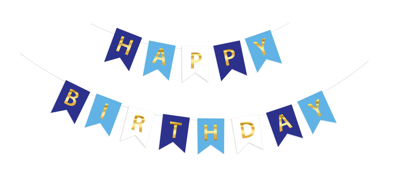Гірлянда побуквена "Happy Birthday" Золото на синіх, голубих і білих прапорцях