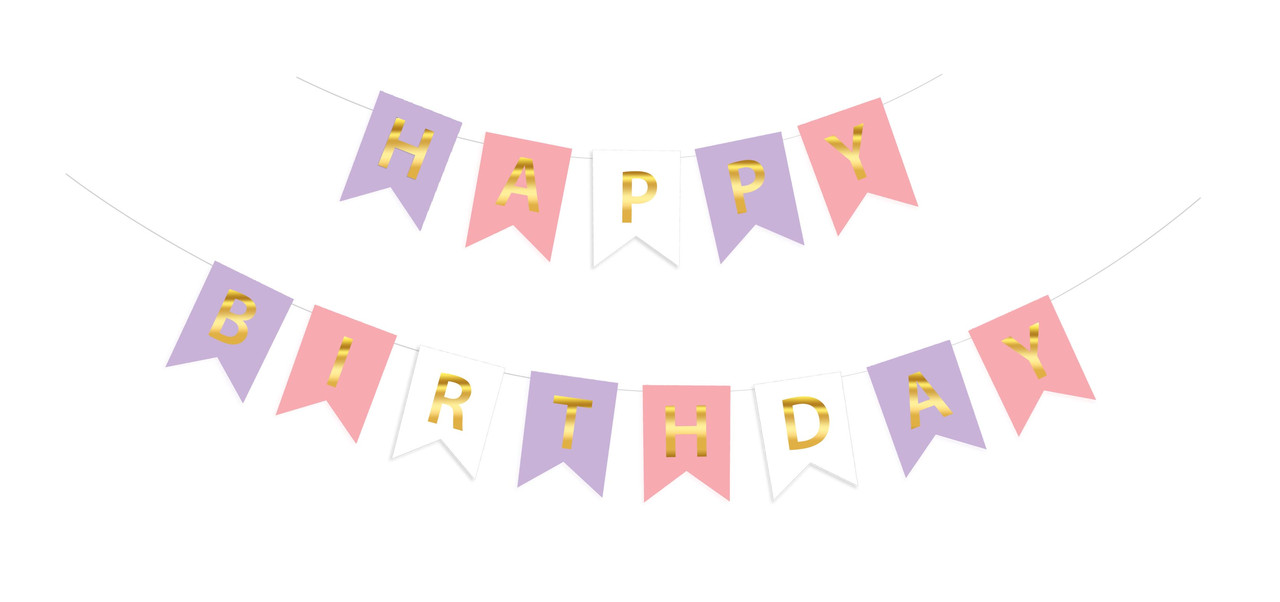 Гірлянда побуквенна "Happy Birthday" Золото на фіолетово-рожево-білих прапорцях
