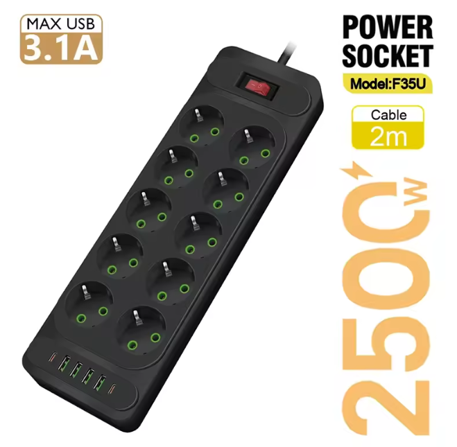 Мережевий фільтр Voltronic F35, подовжувач переноска на 10розеток EU + 4 USB + 2PD, кнопка включення 2 м