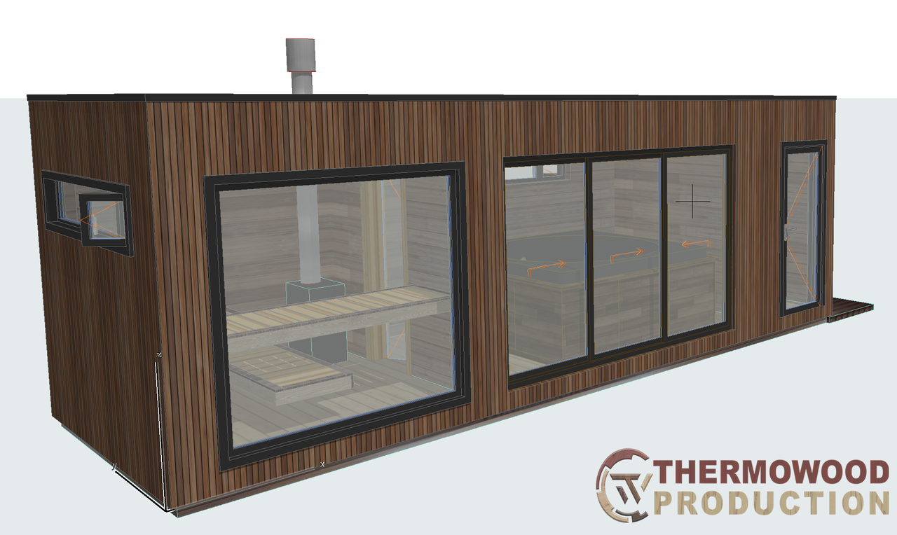 Modulare Sauna 7,5x2,7x2,7m mit Hydromassage-SPA-Pool (Jacuzzi) von Thermowood Production