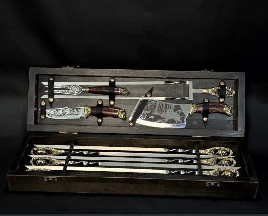 Набір шампурів "Кабан" 6 штук, подвійний шампур та аксесуари для м'яса у подарунковому дерев'яному кейсі з бука, фото 1