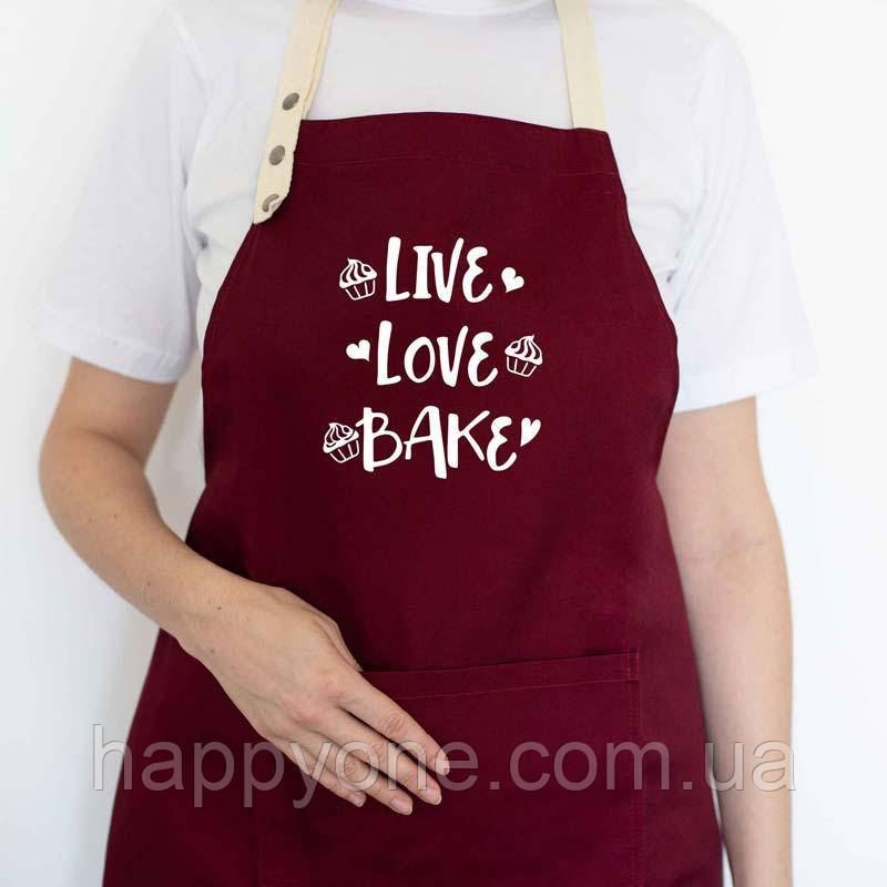 Жіночий фартух кухонний для пекаря з написом Live. Love. Bake (бордовий), фото 1