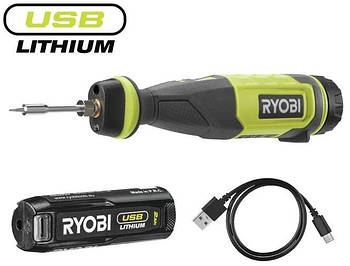 Паяльник акумуляторний Ryobi USB Lithium RSI4-120G 4В (1х2Аг) 460 С, LED підсвітка (+ Паяльне жало, Паяльний дріт (1 мм, 4 г), К