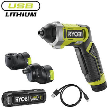 Викрутка акумуляторна Ryobi USB Lithium RSD4-120TA2 4В 1х2А·год 5Нм 200об·хв 2 насадки 10 біт 0.31кг кейс