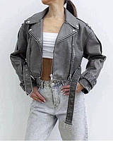 Куртка косуха сіра вінтаж з екошкіри на підкладі No8083