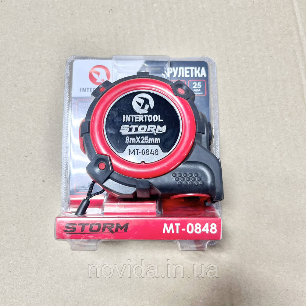 Рулетка з металевим полотном, 8 м*25 мм, двостороння шкала, нейлонове покриття, STORM INTERTOOL MT-0848
