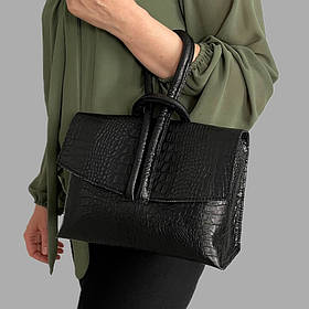 Сумка жіноча "Нота" натуральна шкіра, чорна,тиснення під крокодила