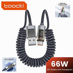 Кабель для заряджання з дисплеєм Toocki (TXC-0A2), пружинний, USB-A – USB-C, 66W, 6A, Grey
