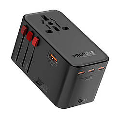 Перехідник мережевий Promate TripMate-GaN160 EU/US/UK/AU на EU/US/UK/AU, 3хUSB-С, USB-A 160W total Black (tripmate-gan160)