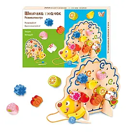 Шнурівка 25916 "WToys", "Їжачок", дерев'яна, кольорові намистини, шнурок, в коробці