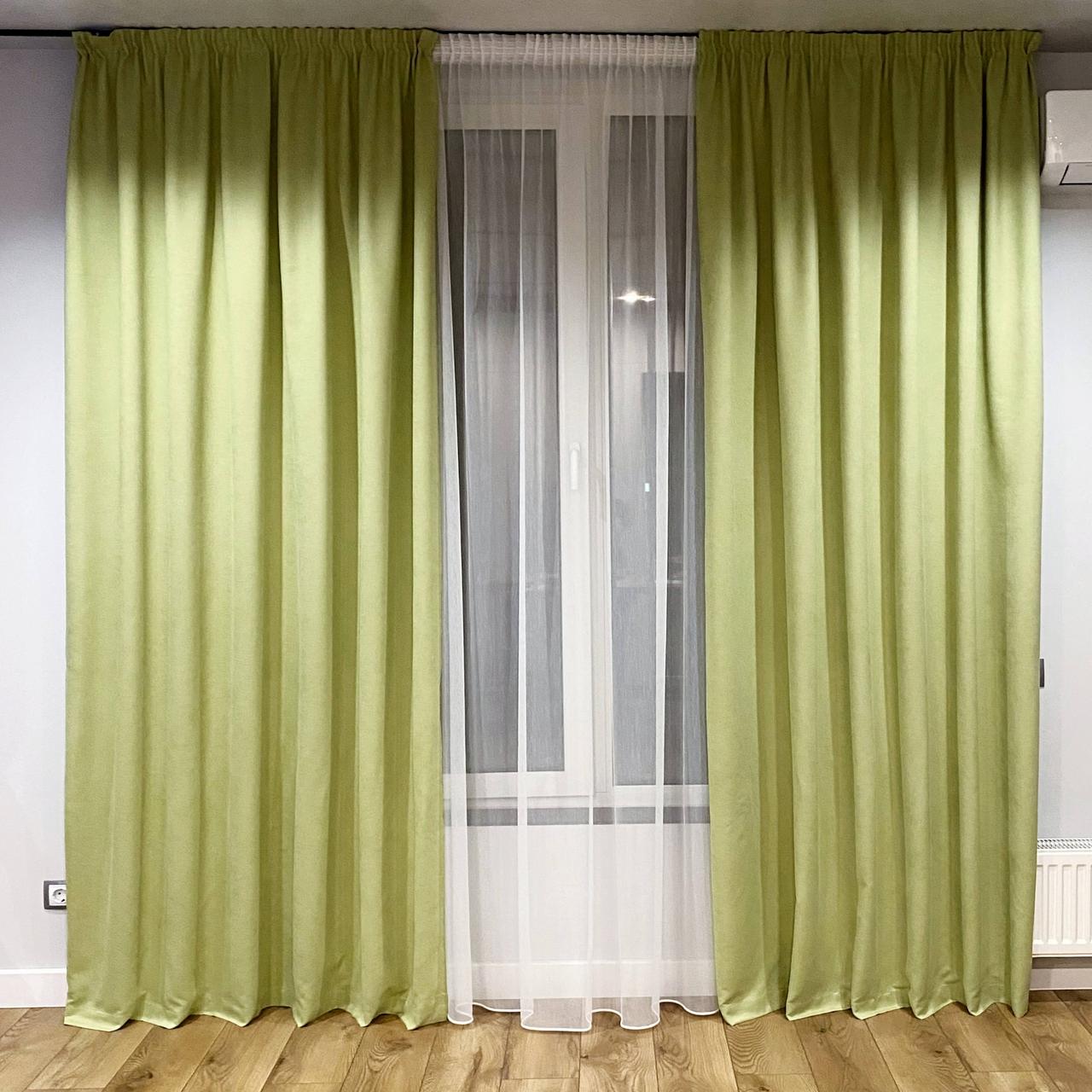 Комплект штори 2 шт 280х250 см мікровелюр Світло-зелений, тюль бамбук 400 см Тепло-білий, фото 1
