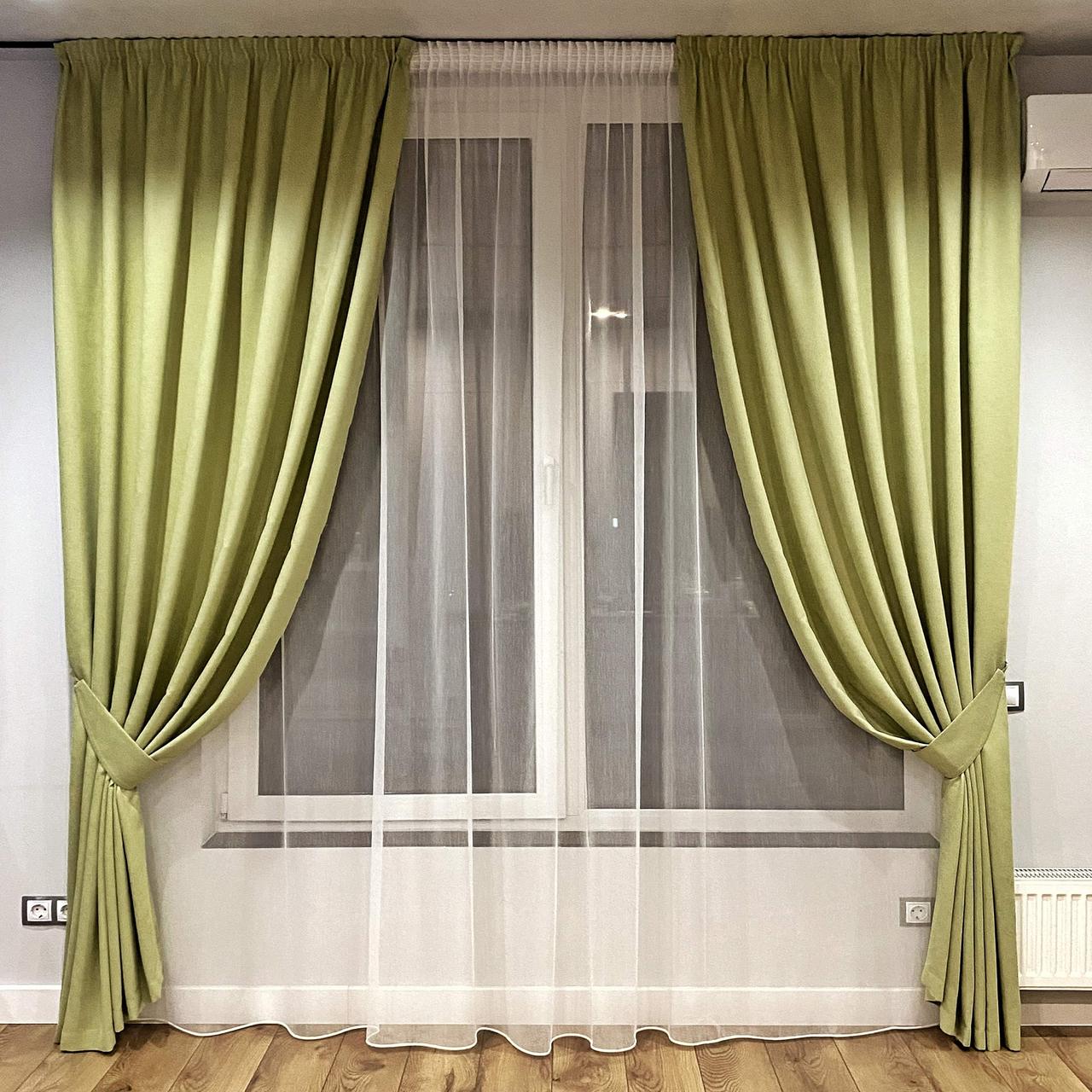 Комплект штори 2 шт з підхватами 150х250 см мікровелюр Світло-зелений, тюль бамбук 300 см Тепло-білий, фото 1