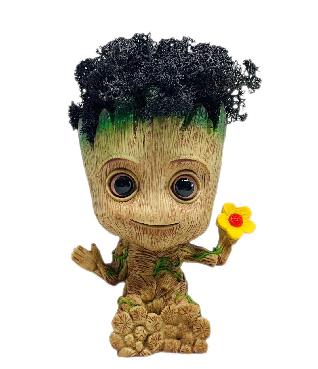 Кашпо з чорним стабілізованим мохом Грут горщик з квіточкою G8 (3)