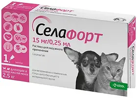 Краплі на холку Селафорт від бліх, кліщів та гельмінтів для котів та собак до 2,5 кг