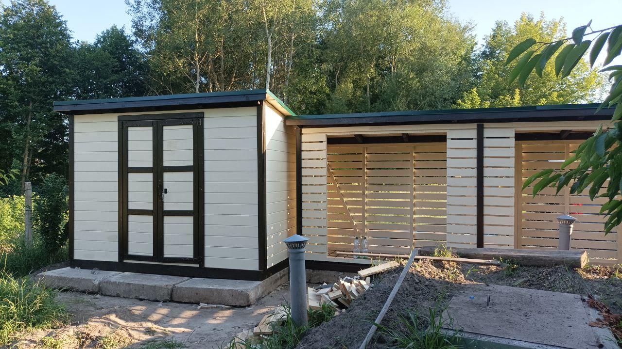 Дерев'яний хозблок с дровником 12м2 (2*4+1*4) | Фарбуванная деревини слонова кістка-палісандр, фото 1