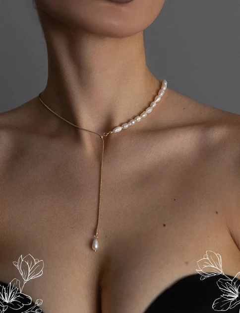 Ланцюжок кольє Fashion Jewerly краватка на шию зі штучними перлами золотистий колір біжутерія